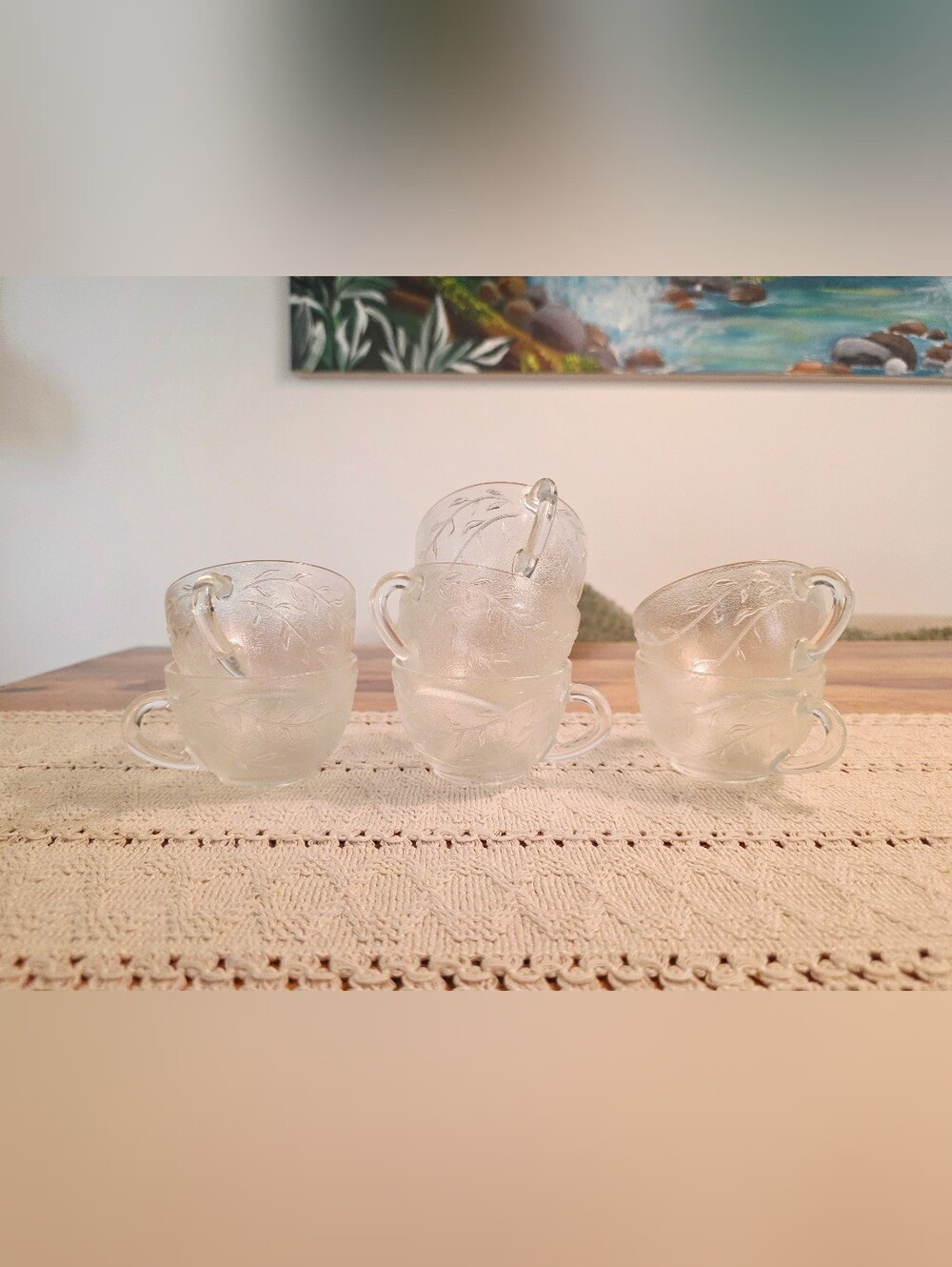 Vintage Duralex France Coffee Cups - Set of 7 Frosted Textured Glass Leaf Motif